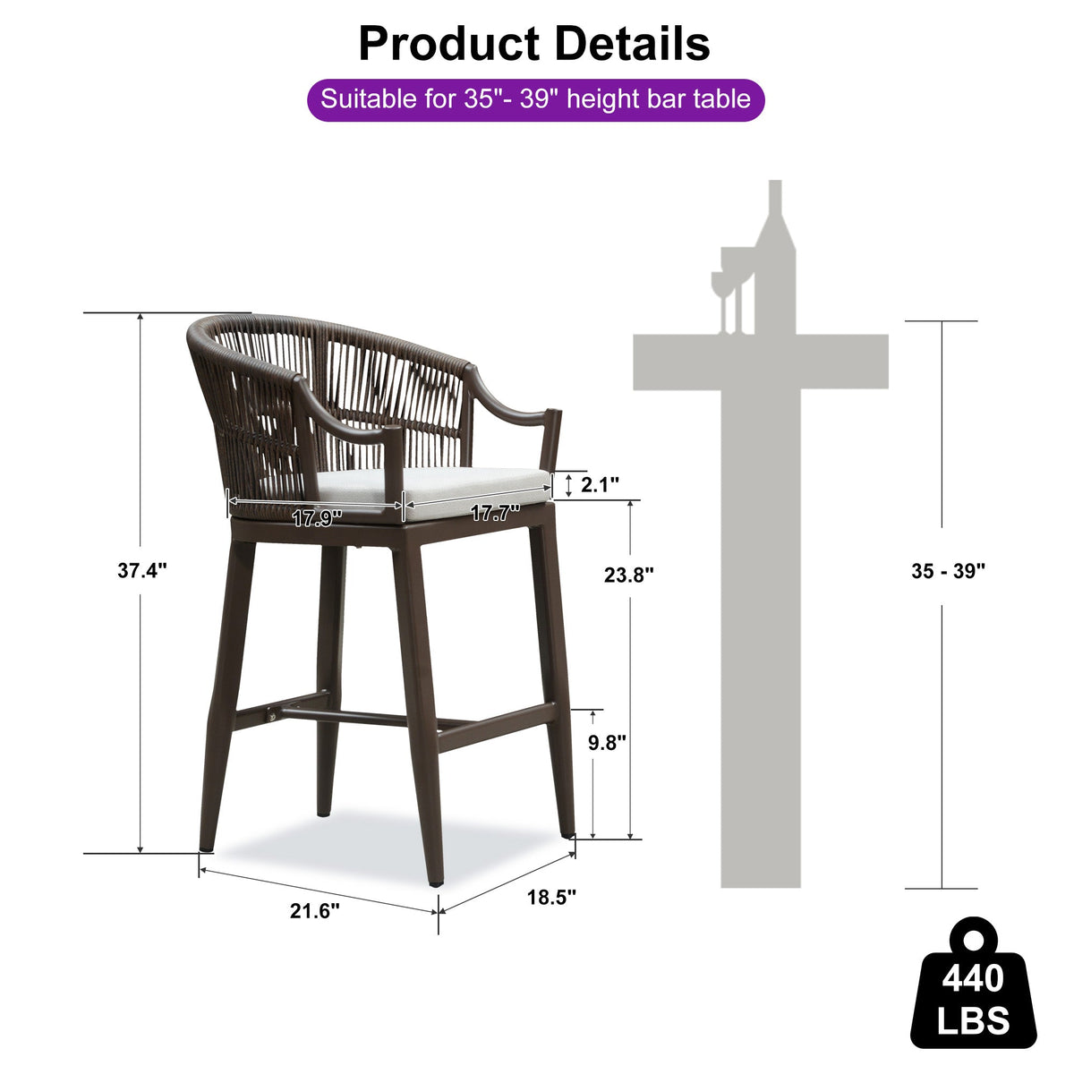 PURPLE LEAF Patio Bar Stools Set of 2 Outdoor Wicker Modern High Bar Chairs Metal Cushioned Barstools with Backs and Ergonomic Armrest