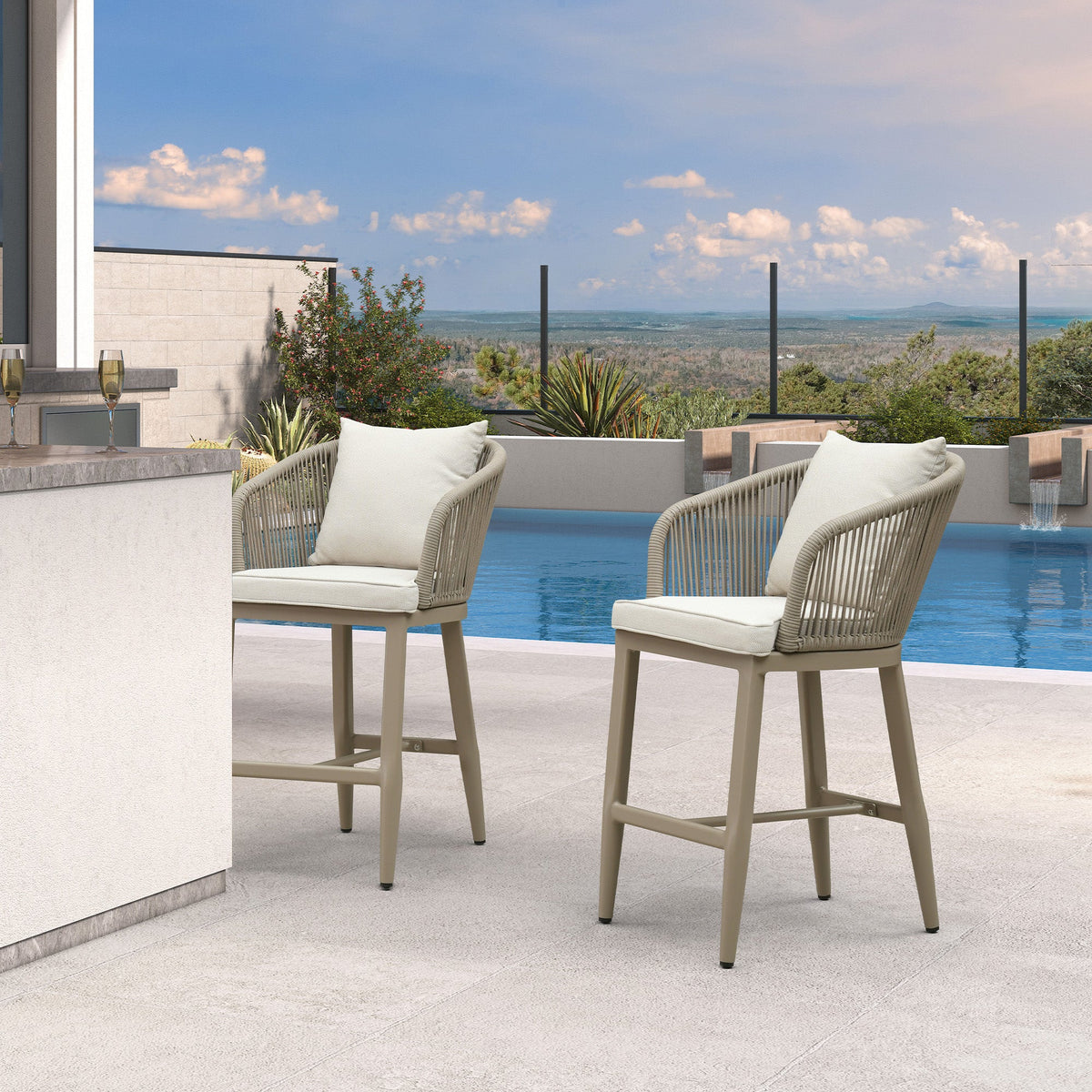 PURPLE LEAF Outdoor Bar Stools Patio Modern Aluminum Rattan High Back & Arms Bar Chairs with Removable Cushions and Pillows  for Outdoor or Indoor
