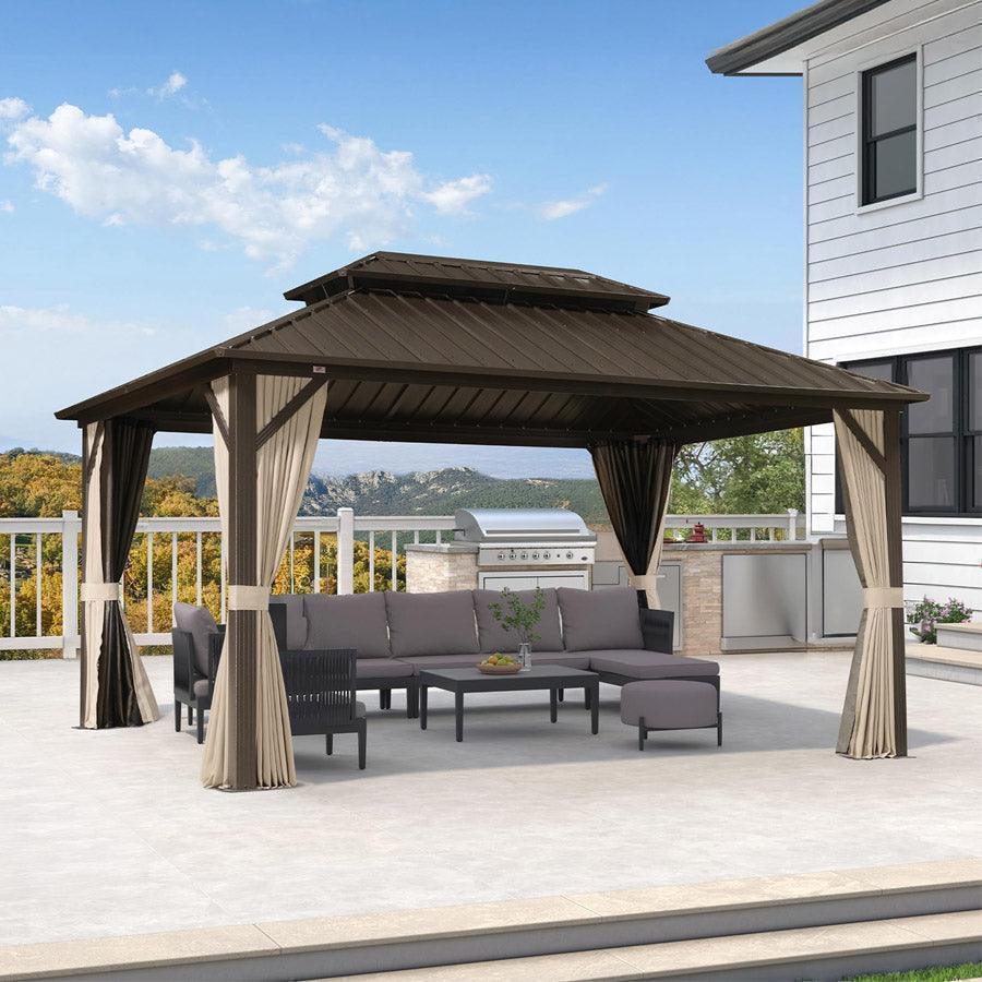 PURPLE LEAF Hardtop Gazebo Featuring Galvanized Steel Double Roof and Bronze Aluminum Frame with Curtains and Netting for Poolside with Lights-clear