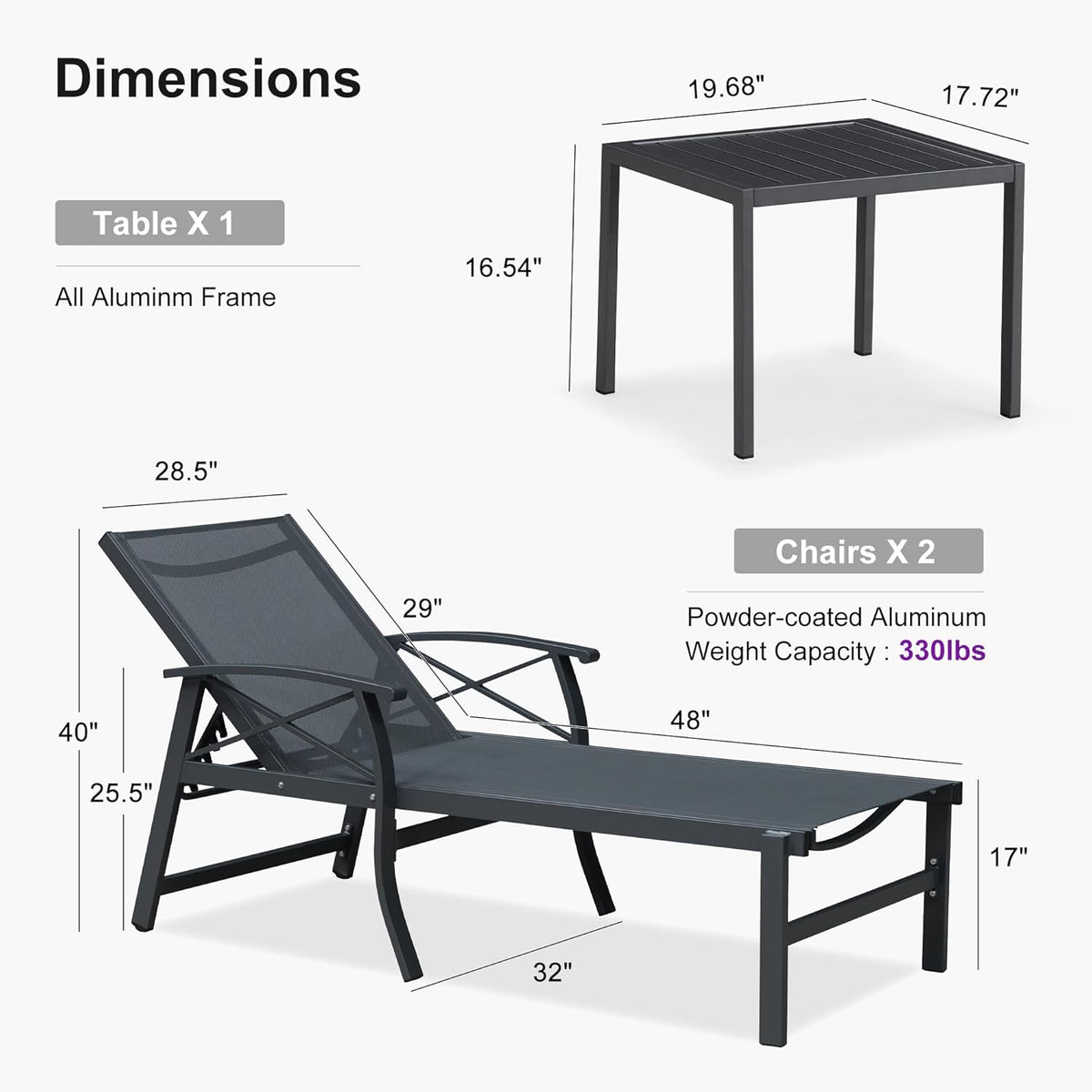 PURPLE LEAF Oversized Chaise Lounge Chair Outdoor Extra Wide Pool Lounge Chairs 5 Adjustable Position with Armrests and Side Table, Aluminum Patio Lounge Chair for Outside, Backyard, Pool