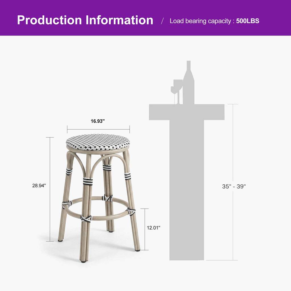 PURPLE LEAF Patio French Round Counter Stool Set of 2 Rattan Backless Stackable Barstools Aluminum Frame Footrest with Woven Wicker for Outdoor Kitchen Yard