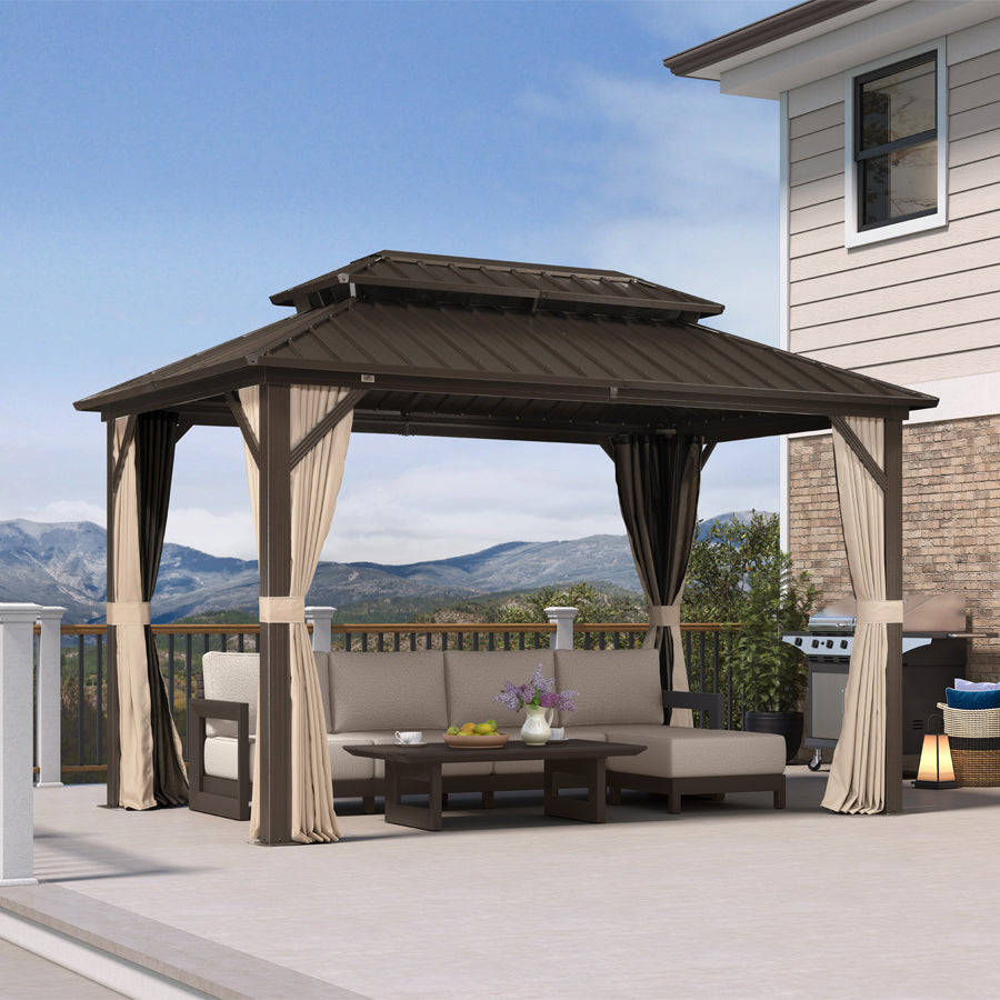 PURPLE LEAF Hardtop Gazebo Featuring Galvanized Steel Double Roof and Bronze Aluminum Frame with Curtains and Netting for Backyard with Lights-milky