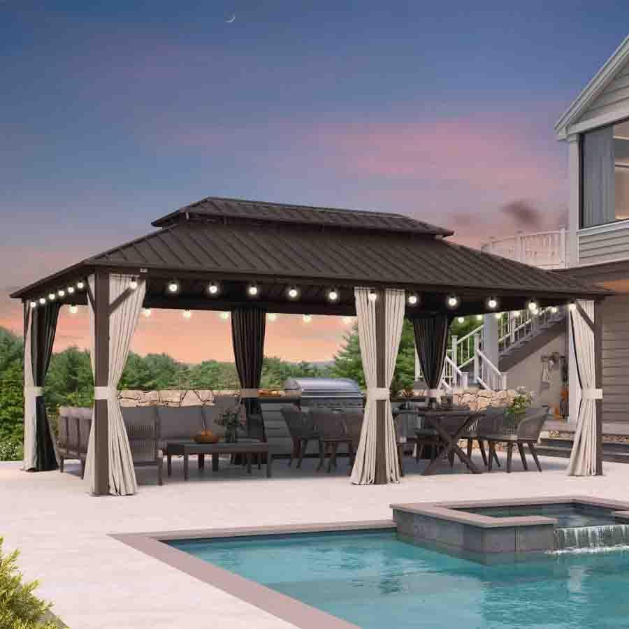 PURPLE LEAF Hardtop Gazebo Featuring Galvanized Steel Double Roof and Bronze Aluminum Frame with Curtains and Netting for Poolside with Lights-clear