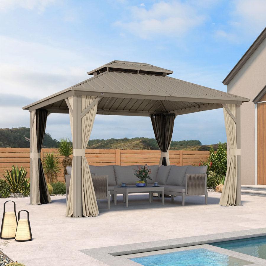 PURPLE LEAF Deck Gazebo Champagne Hardtop Metal Frame Double Roof with Curtains and Netting