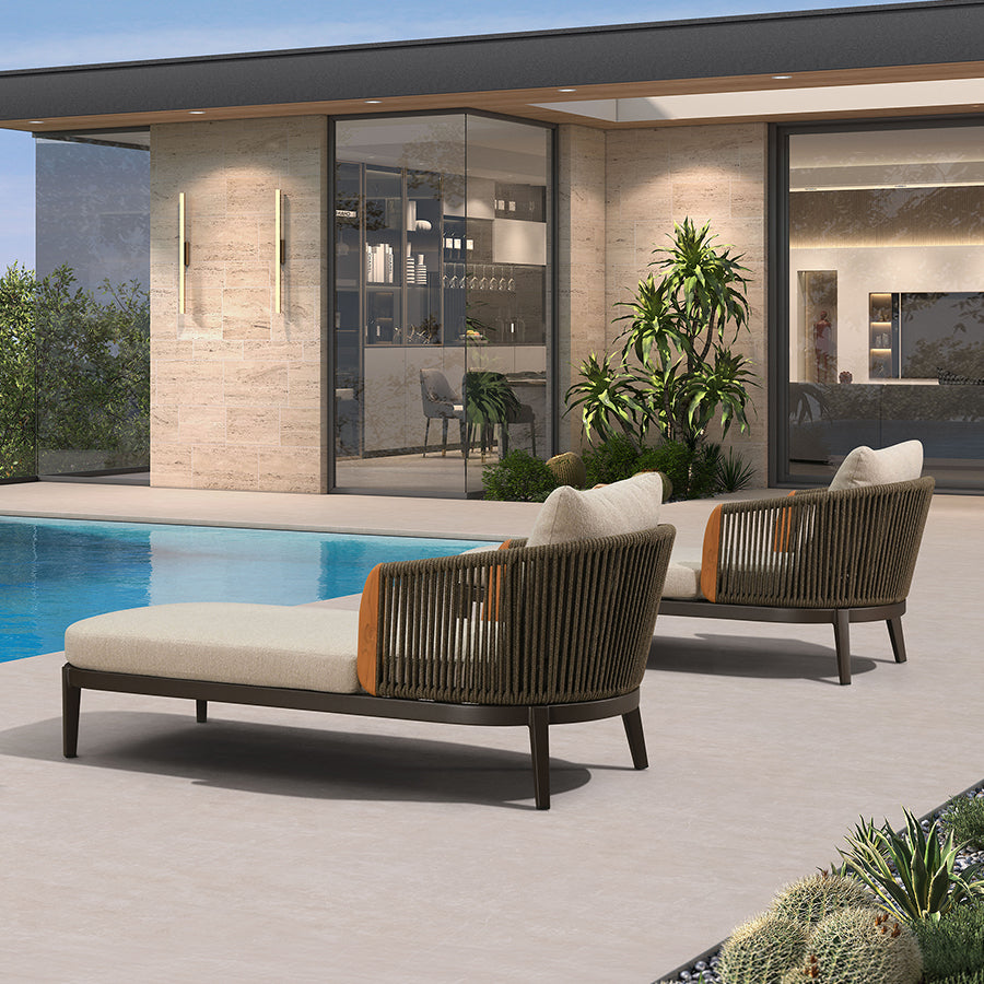 PURPLE LEAF Hailar Olefin Patio Chaise Lounge Chair , Upholstered Pool Aluminium Lounge Chairs for Outdoor with Teak Armres for Deck, Pool, Lawn, Garden, Courtyard, Porch