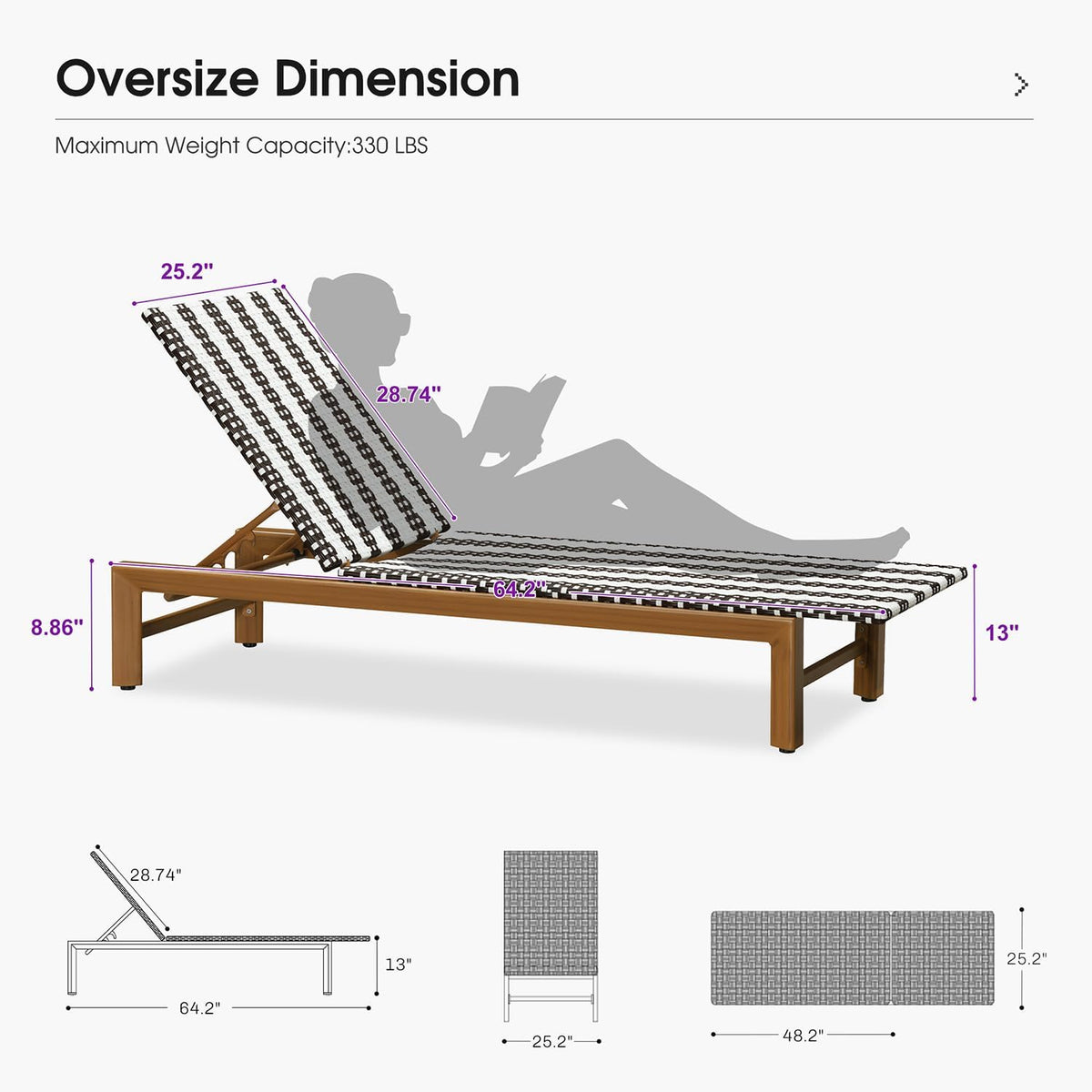 PURPLE LEAF Outdoor Teak Chaise Lounge Chair, Wood Grain Aluminum Outdoor Pool Lounge Chairs with Adjustable Backrest, Breathable Recliner for Patio, Poolside, Garden