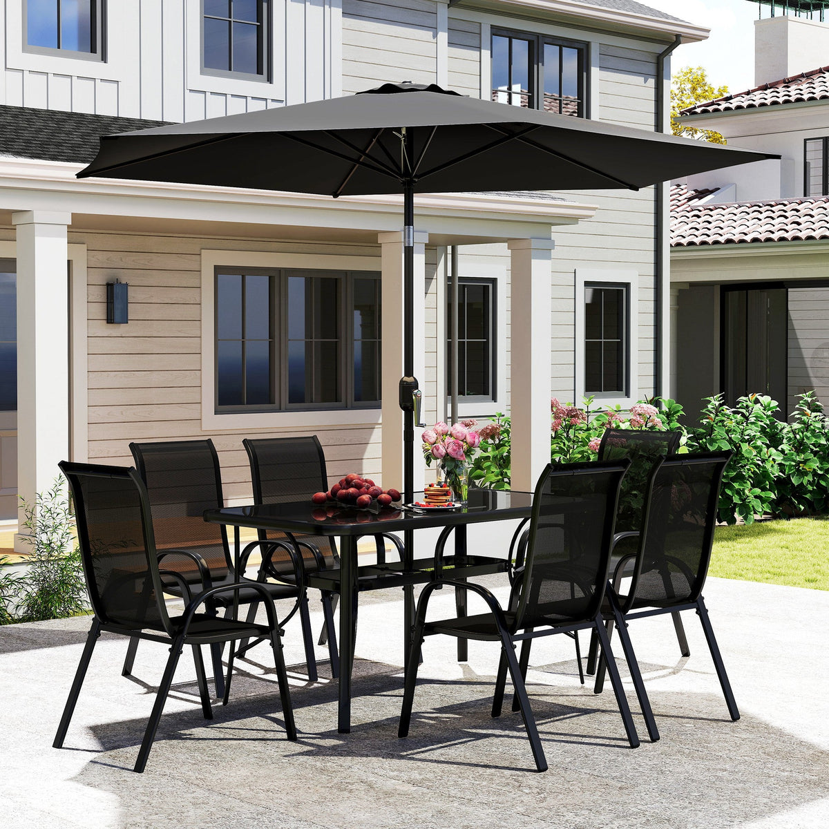 8-Piece Patio Dining Set with 9 Ft Umbrella, Black