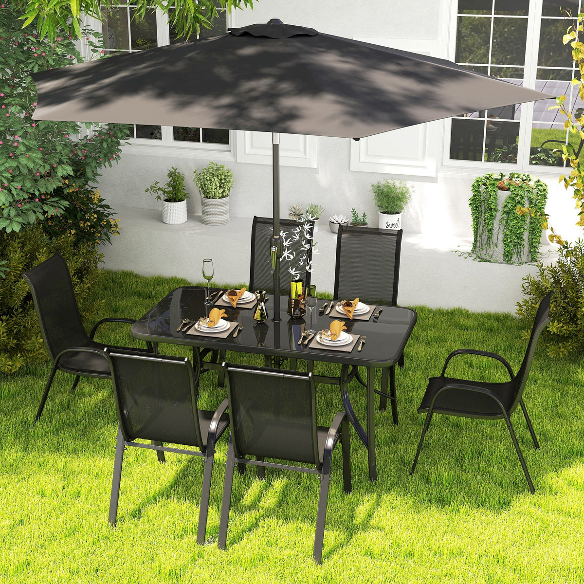8-Piece Patio Dining Set with 9 Ft Umbrella, Black