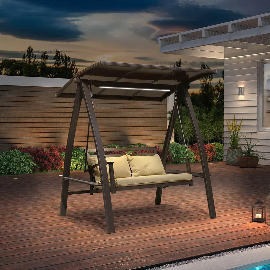 PURPLE LEAF Outdoor Porch Swing with Adjustable PVC Canopy and Side Cup Holder for Outside Garden Porch, Cushion and Pillows Included