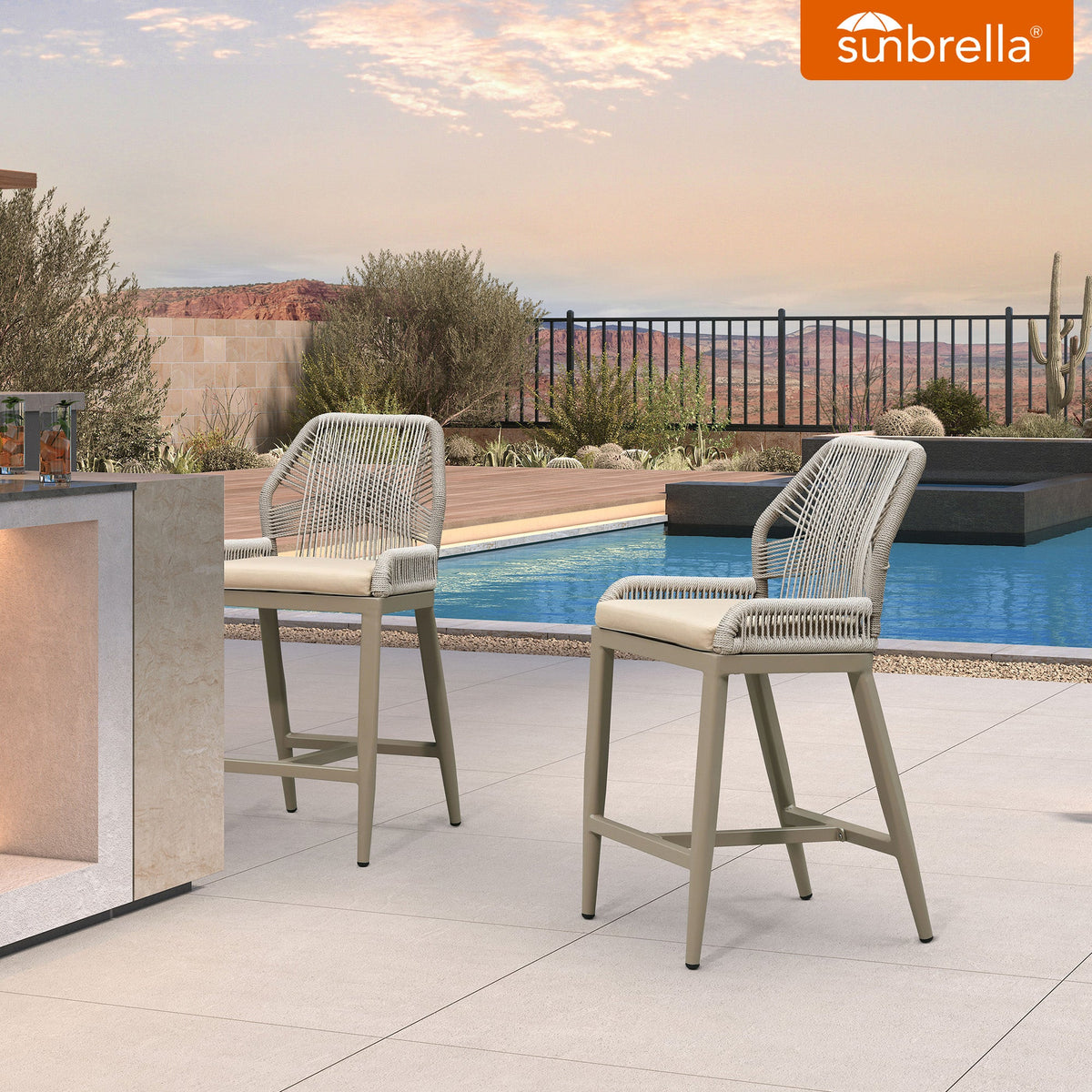 PURPLE LEAF Patio Sunbrella Bar Stools Set of 2  Rattan Bar Aluminum Bar Stool Outdoor Barstools with Back and Cushion for Garden Kitchen Island
