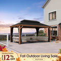 PURPLE LEAF Hardtop Gazebo for Patio Wood Grain Aluminum Frame Awning with Netting