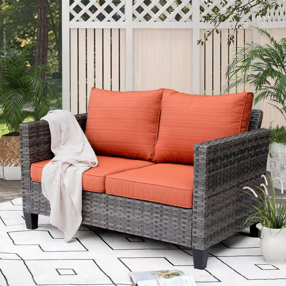 Michigan 6-Piece Wicker Outdoor Patio Fire Pit Seating Sofa Set and with Orange Red Cushions and Swivel Rocking Chairs