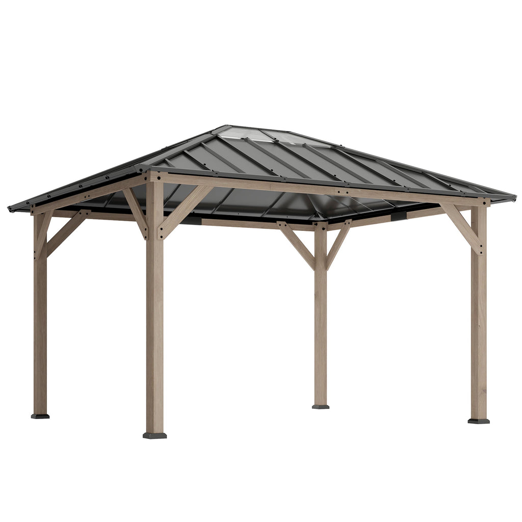 10' x 12' Wood Hardtop Gazebo with Clear Roof, Light Walnut