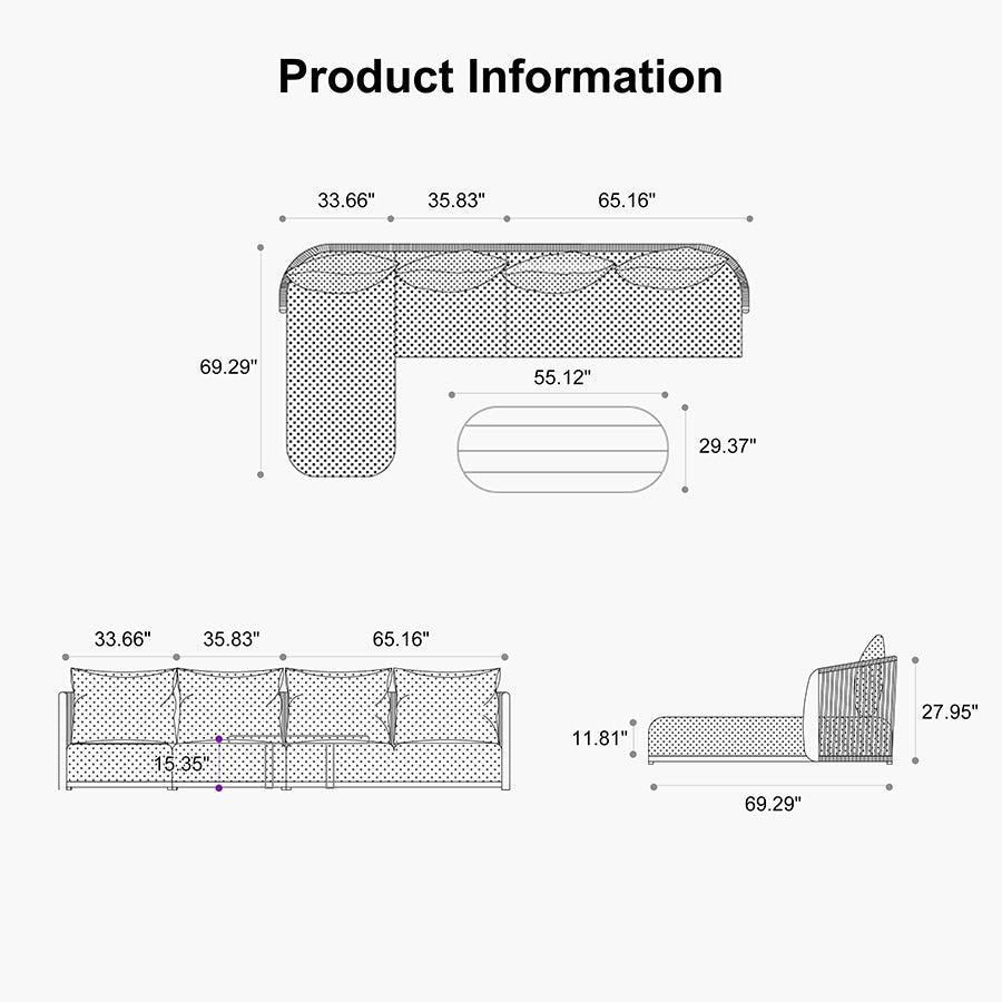 PURPLE LEAF Hailar L-Shaped Patio Conversation Set with Genuine Teak Cushions and Pillows Olefin Rope Backrest Outdoor Couch Sets for Backyard Porch