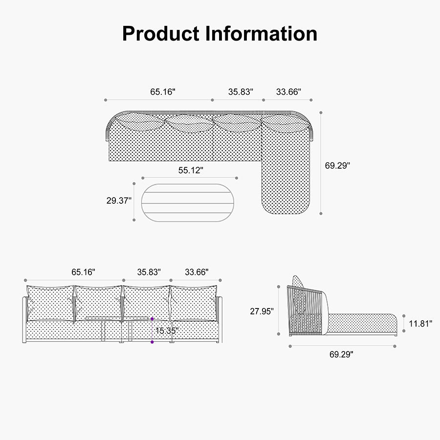 PURPLE LEAF Hailar L-Shaped Patio Conversation Set with Genuine Teak Cushions and Pillows Olefin Rope Backrest Outdoor Couch Sets for Backyard Porch