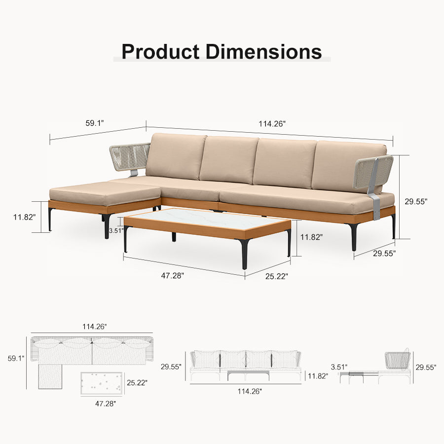 PURPLE LEAF Sicilia L-Shaped Modular Outdoor Sectional with Sunbrella Khaki Cushions Flexible Layout for Poolside Casual Lounge