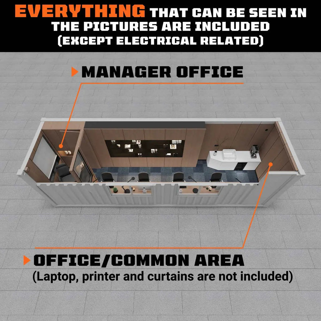 30' Custom Built Steel Container Office, Working Area & Manager's Office, 1 Leather Office Chair, 4 Ergonomic Office Chairs, TMG-SCO30