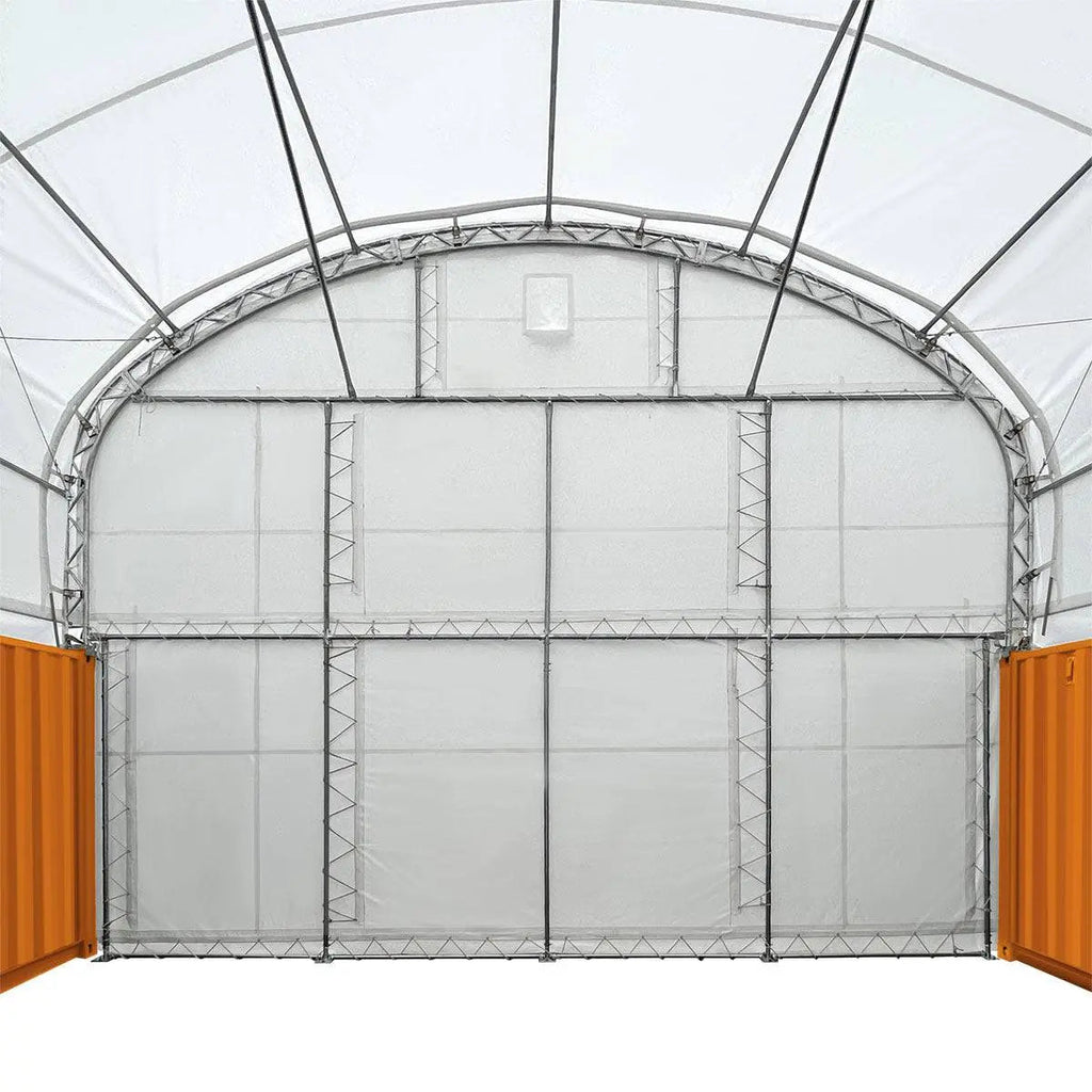 30' x 40' Dual Truss Container Shelter with Heavy Duty 17 oz PVC Cover, Enclosed End Wall & Front Drop, TMG-DT3040CF