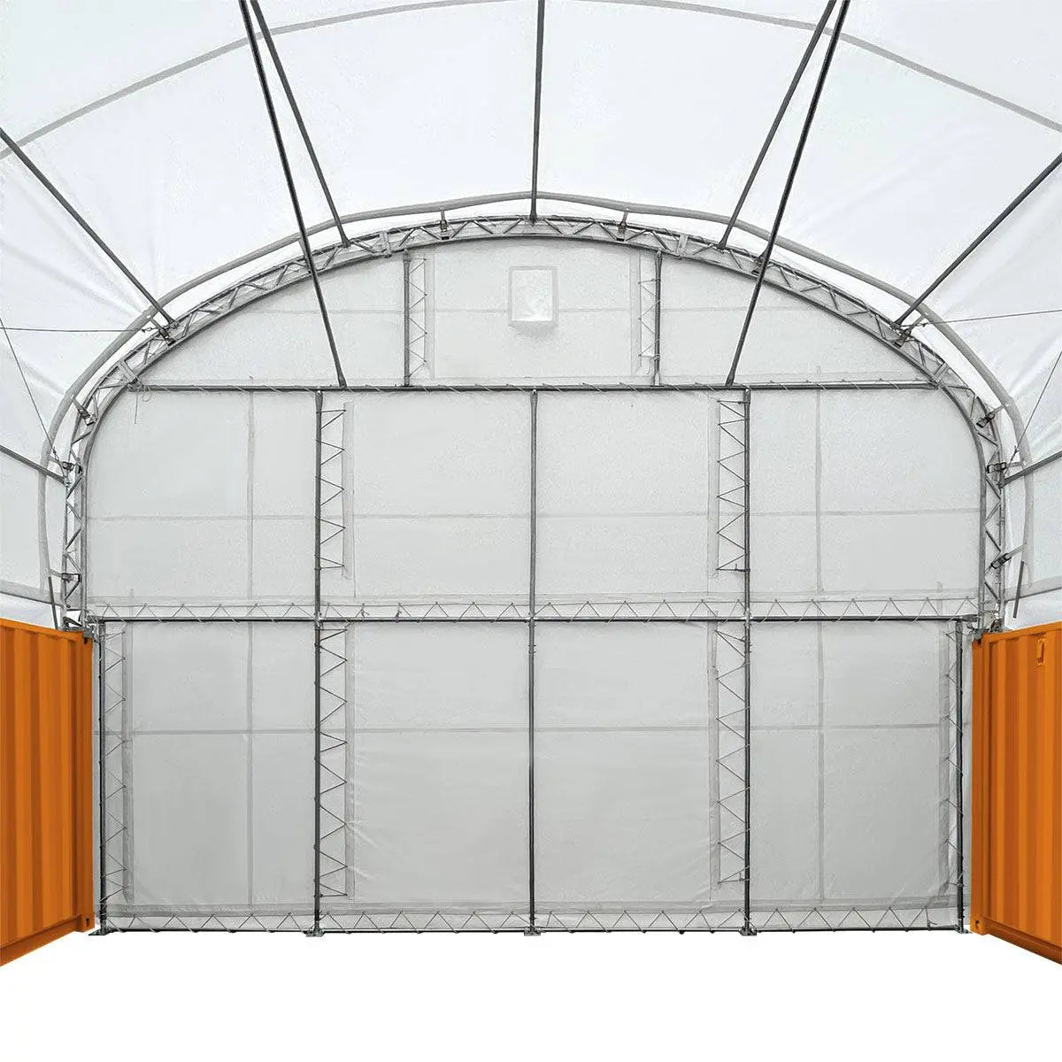 30' x 40' Dual Truss Container Shelter with Heavy Duty 17 oz PVC Cover, Enclosed End Wall & Front Drop, TMG-DT3040CF