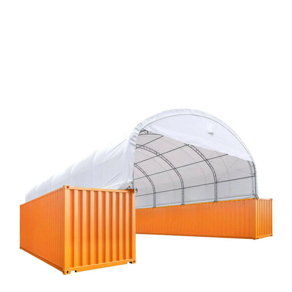 30' x 40' Dual Truss Container Shelter with Heavy Duty 17 oz PVC Cover, Enclosed End Wall & Front Drop, TMG-DT3040CF