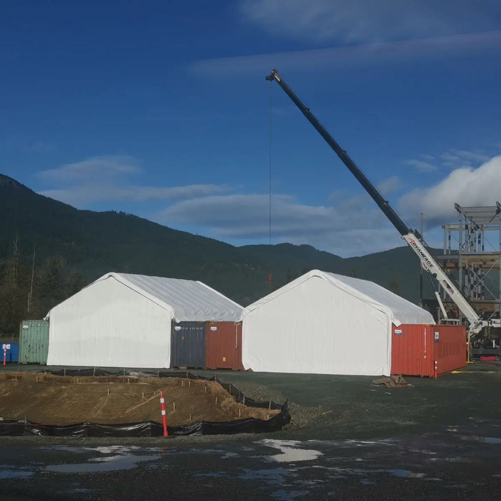 30' x 40' PVC Fabric Container Shelter, Peak Roof, with End Wall & Partial Front Drop, TMG-ST3042CVF (Previously ST3041CVF)