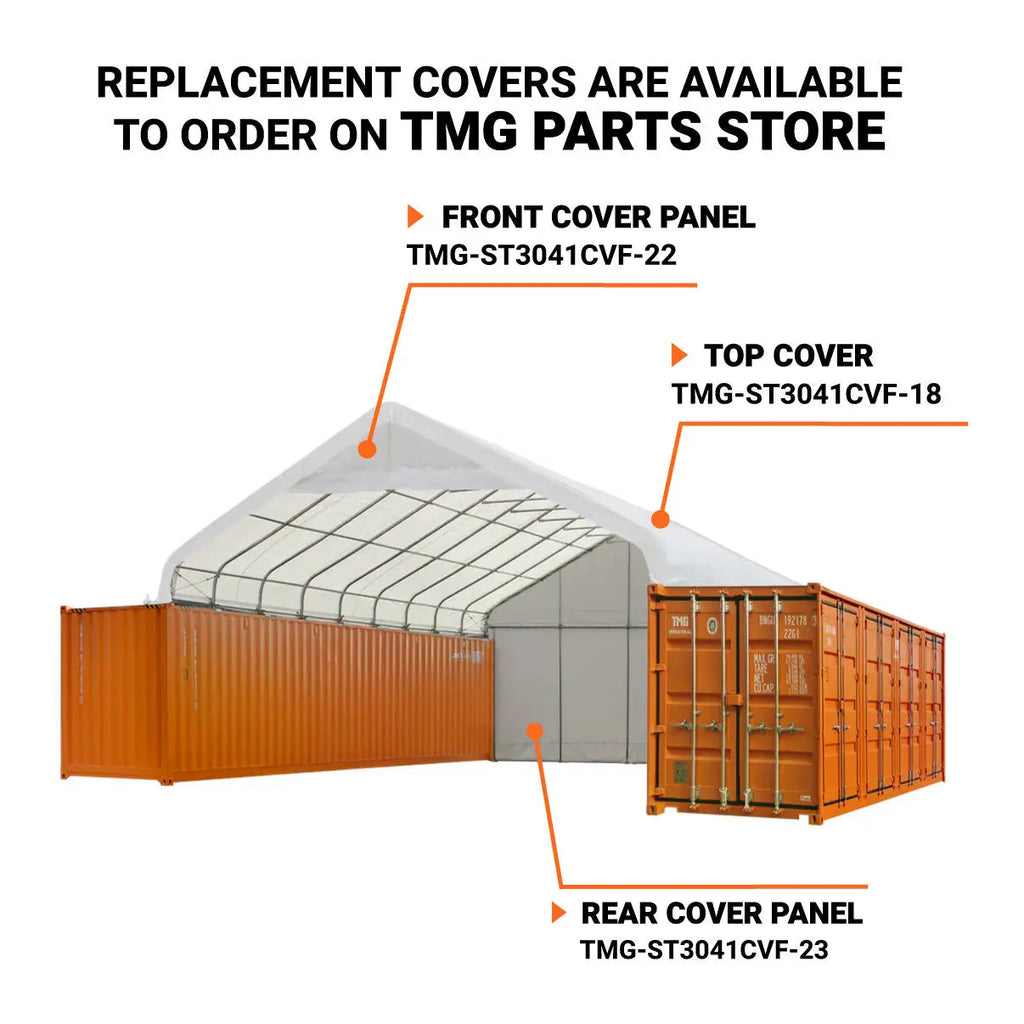 30' x 40' PVC Fabric Container Shelter, Peak Roof, with End Wall & Partial Front Drop, TMG-ST3042CVF (Previously ST3041CVF)