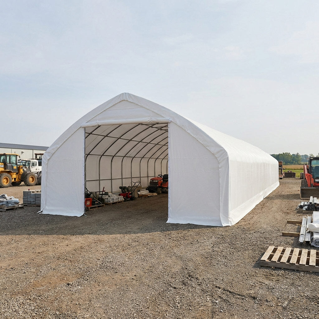 30' x 70' Straight Wall Peak Ceiling Storage Shelter with Heavy Duty 17 oz PVC Cover TMG-ST3072V (Previously ST3070V)