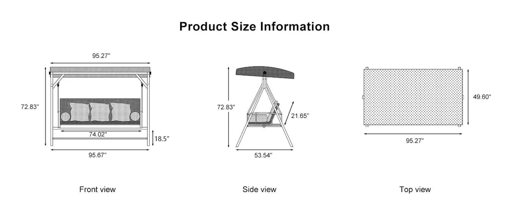 PURPLE LEAF Outdoor Patio Porch Swing Adjustable Backrest, 3-seat Swing Chair with Weather Resistant Steel Frame for Backyard ,Pillows Included