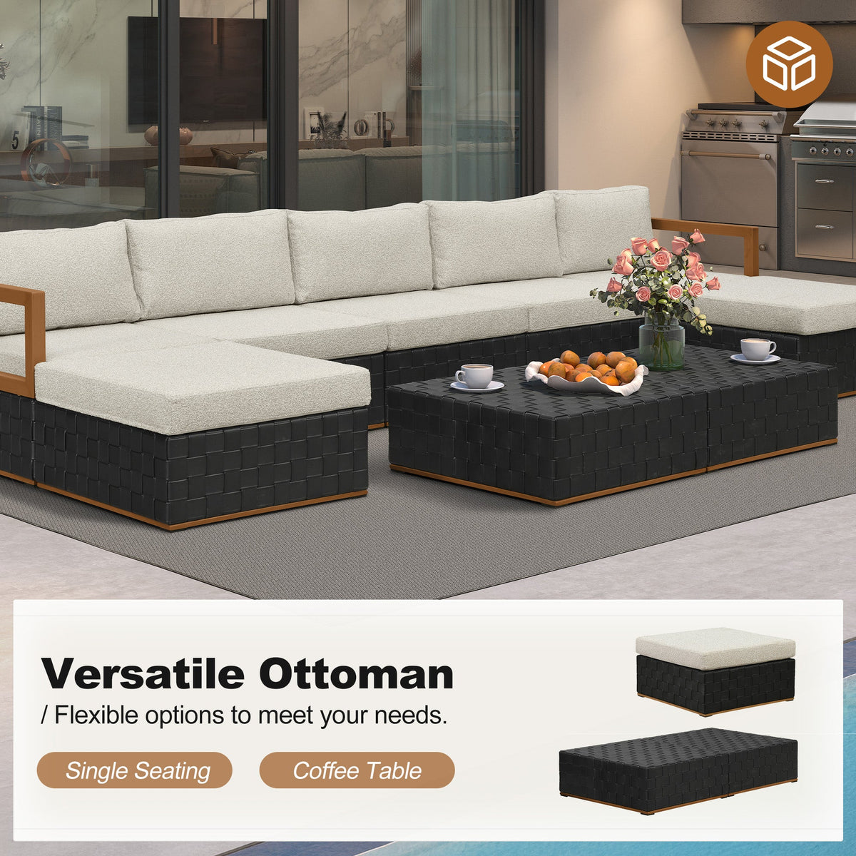 PURPLE LEAF Griffin Symmetrical Patio Conversation Set Black with Cushion Pillows Ottoman and Premium Leather for Luxury Outdoor Living