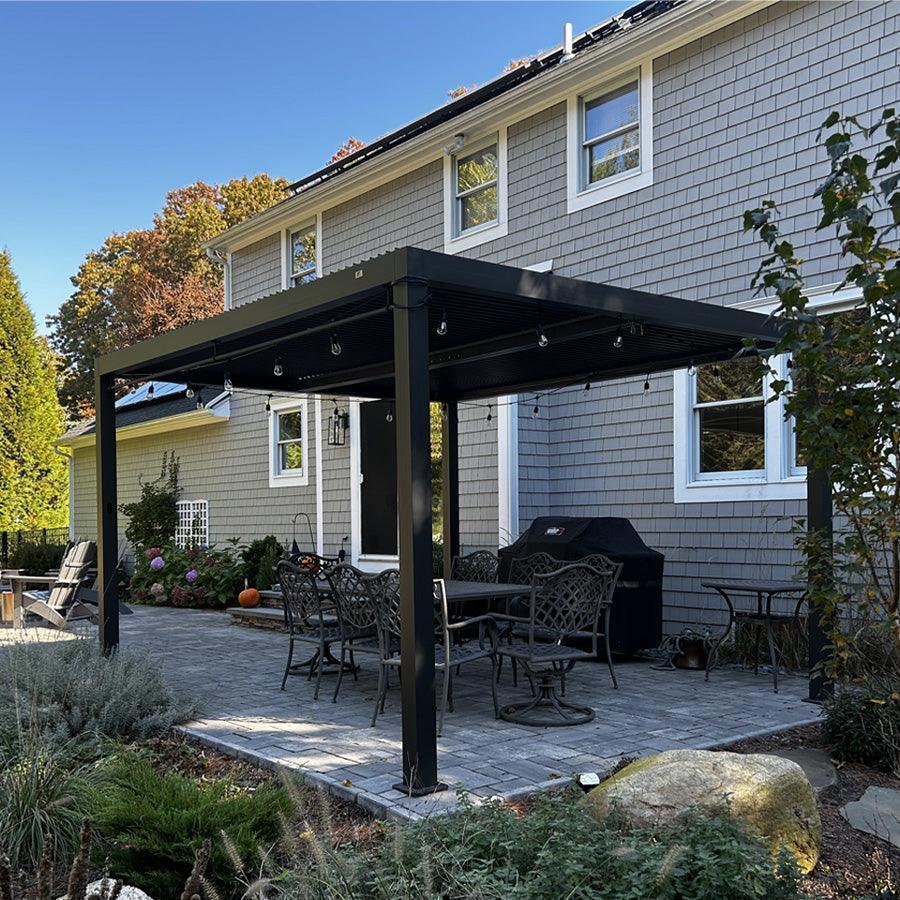 PURPLE LEAF Caesar Louvered Pergola with Milky String Lights Patio Aluminum Pergola with Independent Adjustable Rainproof Roof Hardtop Pergola for Outdoor Deck Garden Yard