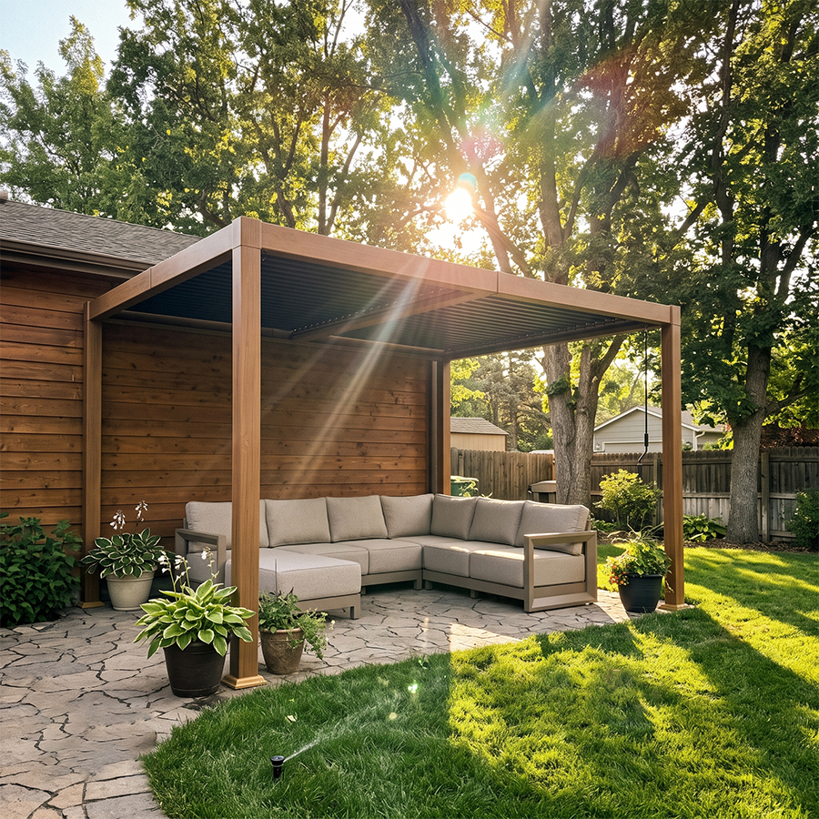 PURPLE LEAF Caesar Louvered Pergola Outdoor Wood Grain Frame Gray  Roof Aluminum Pergola with Adjustable Roof Patio Hardtop Gazebo for Backyard Garden