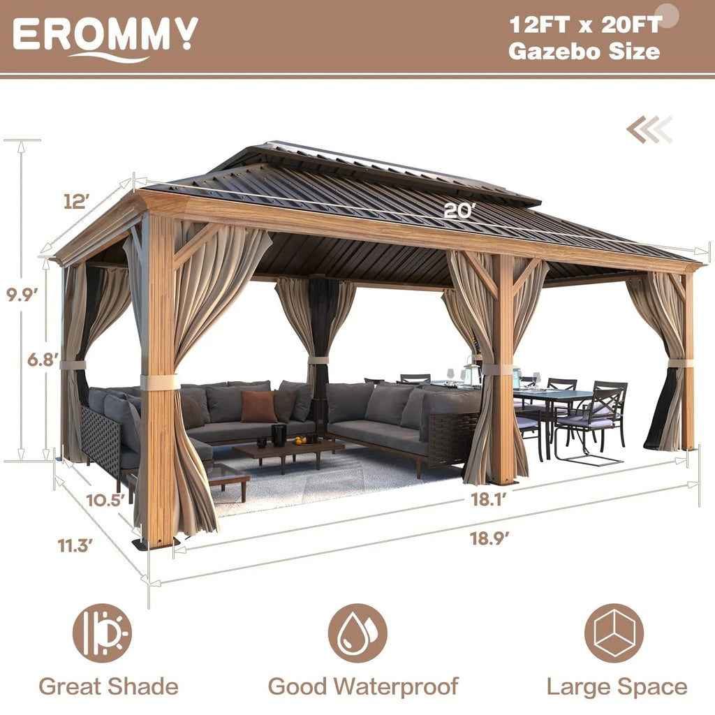 Erommy 12' X 20' Hardtop Gazebo, Wooden Finish Coated Aluminum Frame Gazebo with Galvanized Steel Double Roof with Curtains and Netting