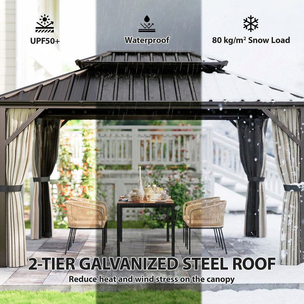 10' x 14' Hardtop Gazebo with Curtains and Netting, Brown