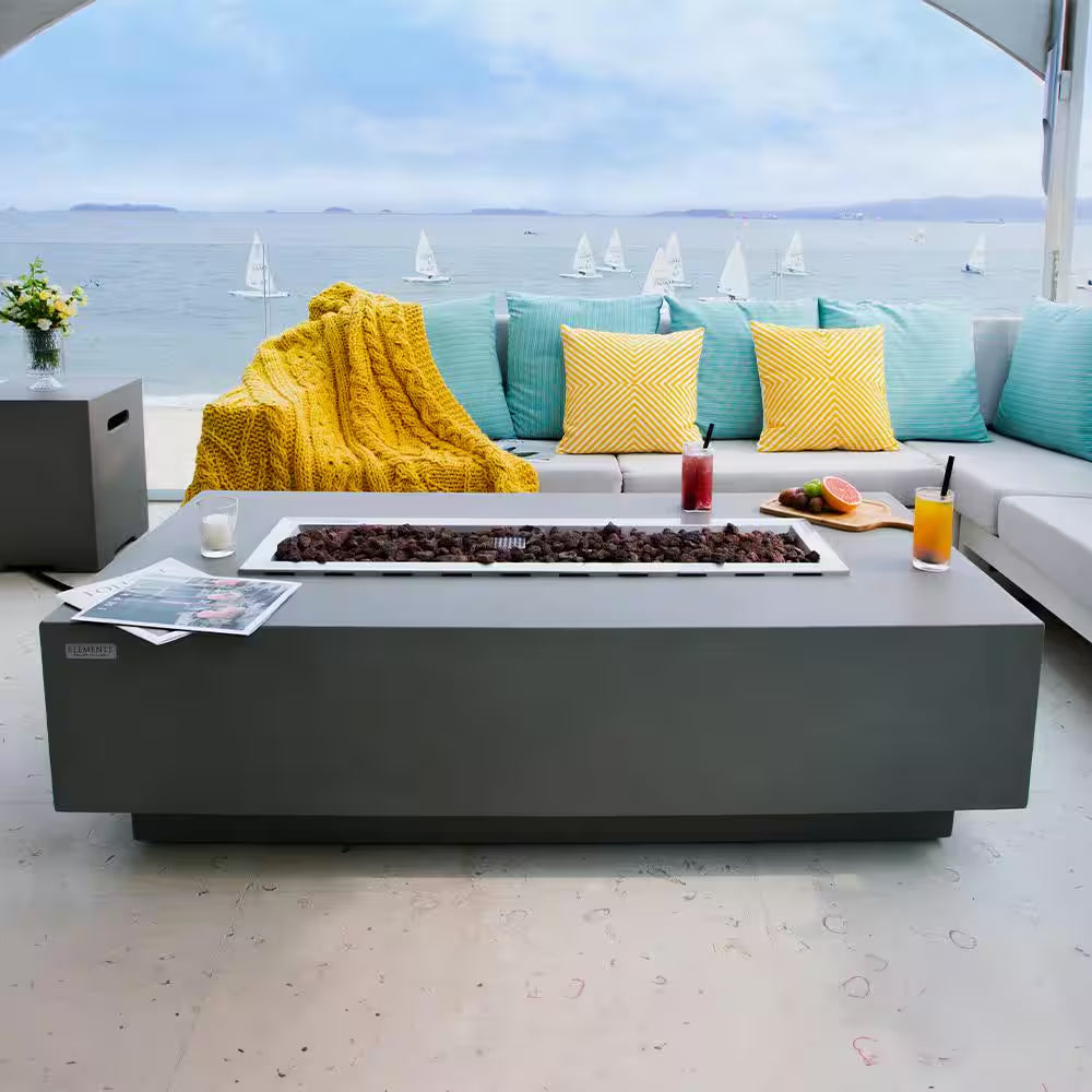 Elementi Granville Outdoor Fire Pit 60 In. X 27 In. Rectangular Concrete Propane Fire Table with Lava Rocks and Cover