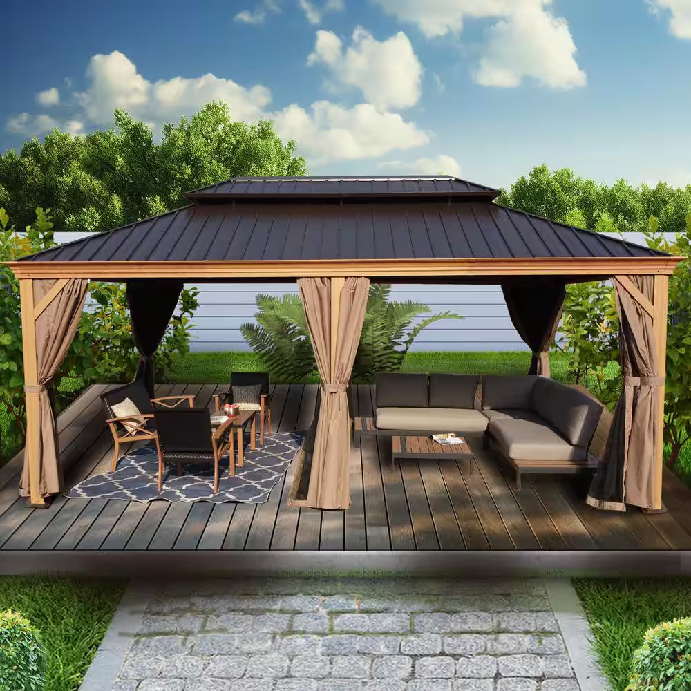 Apollo 12 Ft. X 20 Ft. W Wood like Aluminum Hardtop Gazebo with Galvanized Steel Roof and Mosquito Net