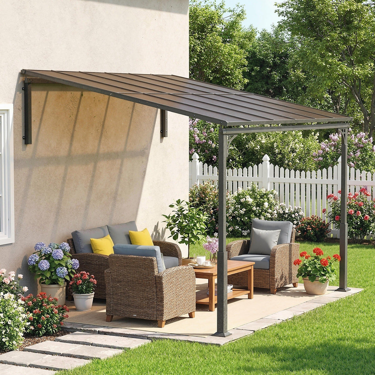 11' x 10' Wall Mounted Lean-to Pergola with Polycarbonate Roof, Brown