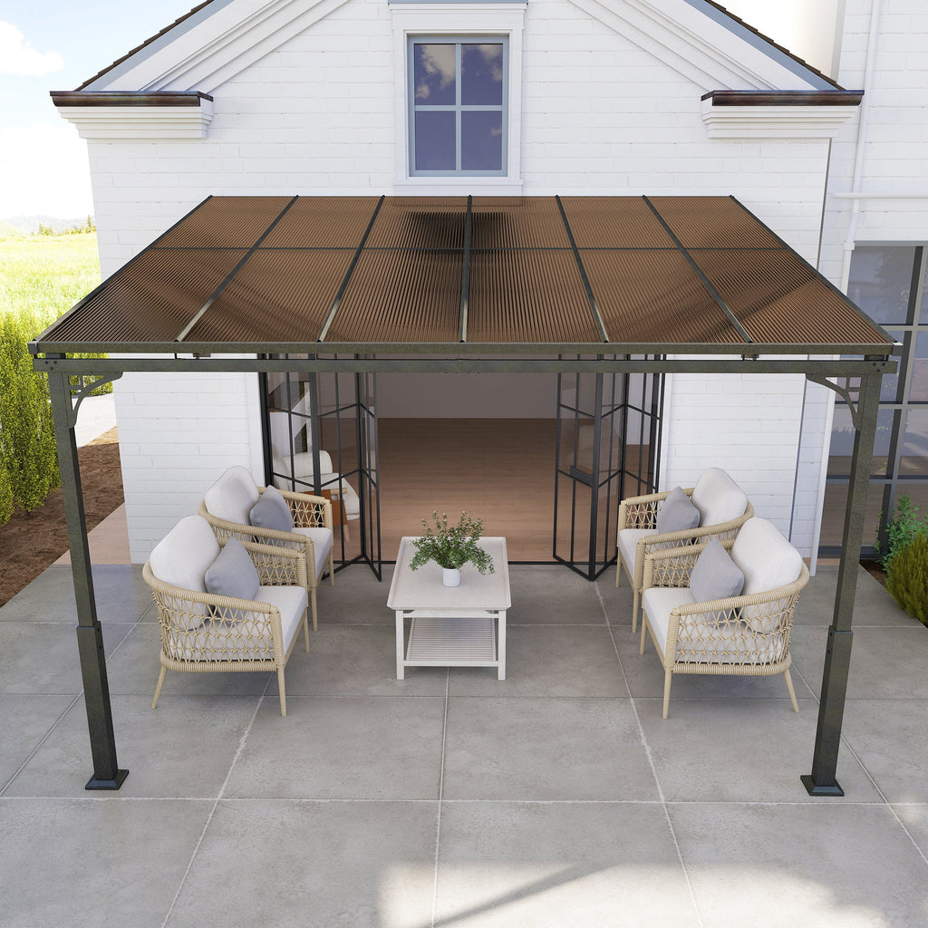 11' x 10' Wall Mounted Lean-to Pergola with Polycarbonate Roof, Brown