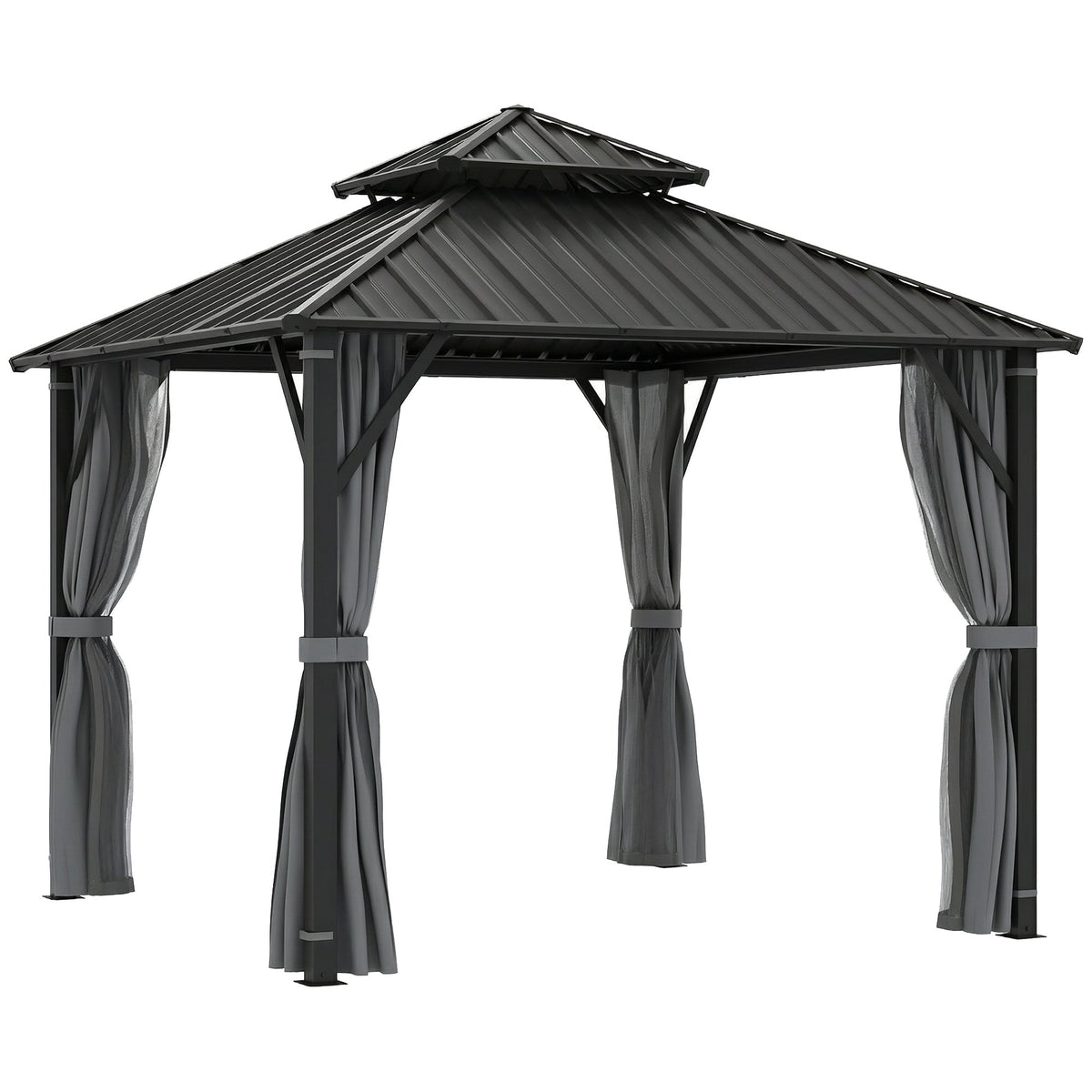 3 x 3 m Hardtop Gazebo with Double Metal Roof, Netting & Curtains, Grey