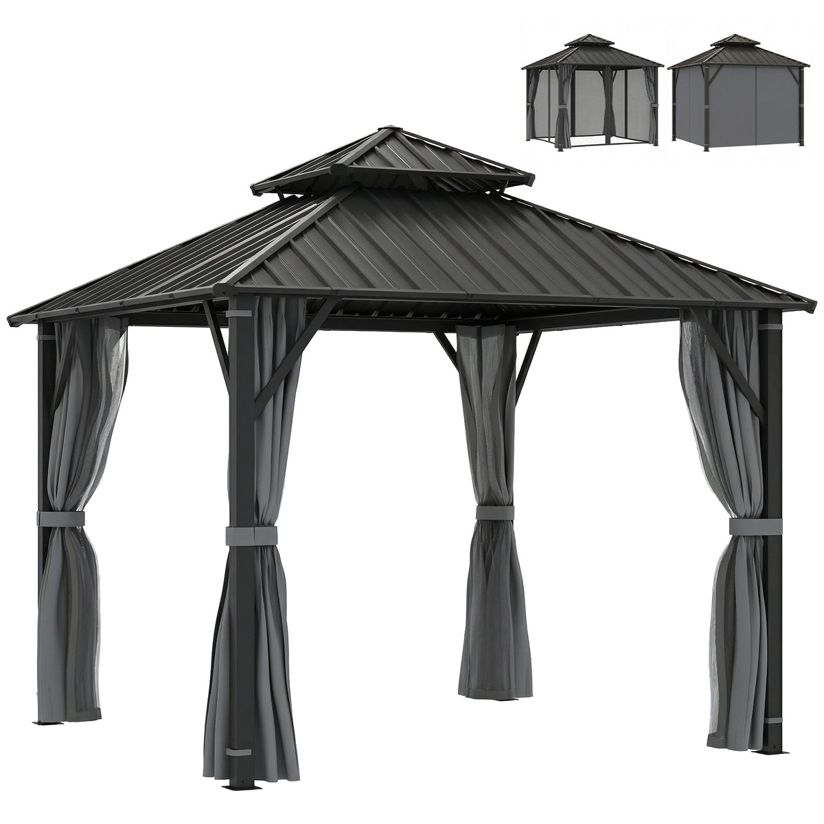 3 x 3 m Hardtop Gazebo with Double Metal Roof, Netting & Curtains, Grey