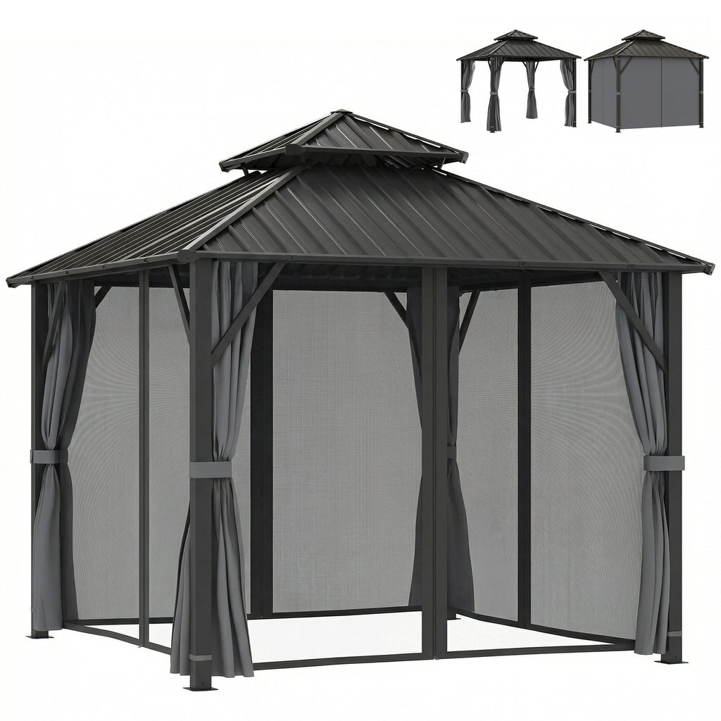 3 x 3 m Hardtop Gazebo with Double Metal Roof, Netting & Curtains, Grey