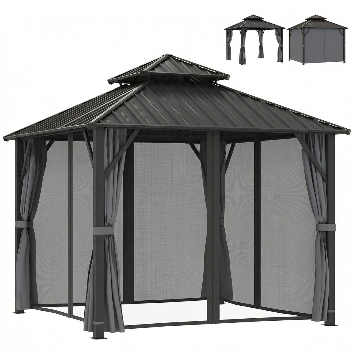 3 x 3 m Hardtop Gazebo with Double Metal Roof, Netting & Curtains, Grey