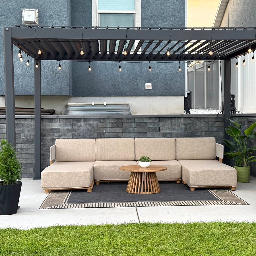 PURPLE LEAF Breck U-Shaped Modular Outdoor Sectional with Wood-Grain Aluminum Frame and Thick Teak-Colored Cushions for Family Entertaining