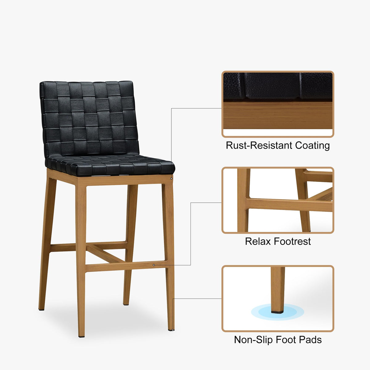 PURPLE LEAF Outdoor Counter Height Stools Set of 2, PU Leather Patio Bar Set with Aluminum Frame, Bar Chairs for Poolside, Garden, Kitchen Island