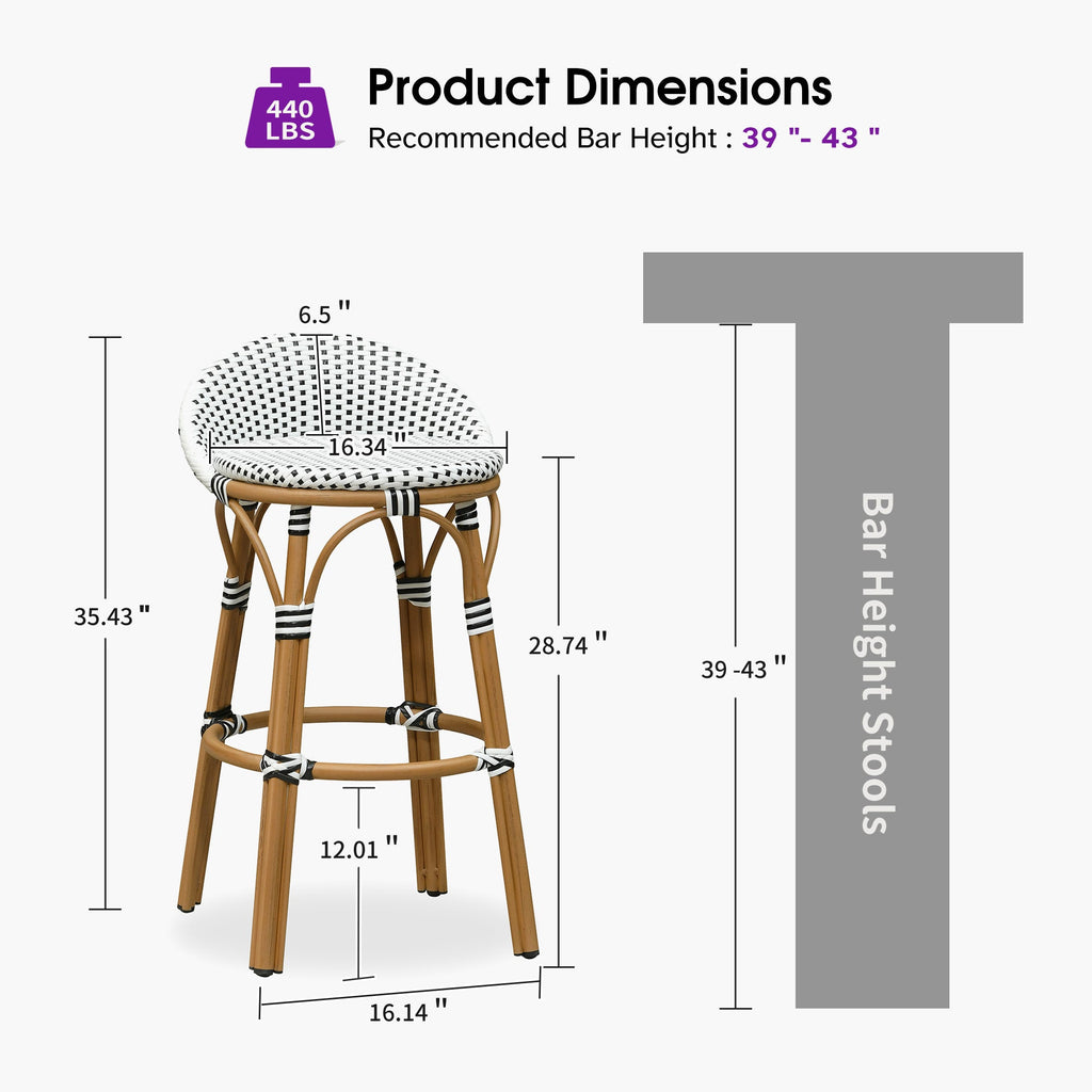 PURPLE LEAF Patio Oversized Backrest Bar Height Stool Set of 2 Outdoor Round Barstools Aluminum Frame Woven Rattan for Indoor Kitchen Dining Bistros Cafe Restaurant