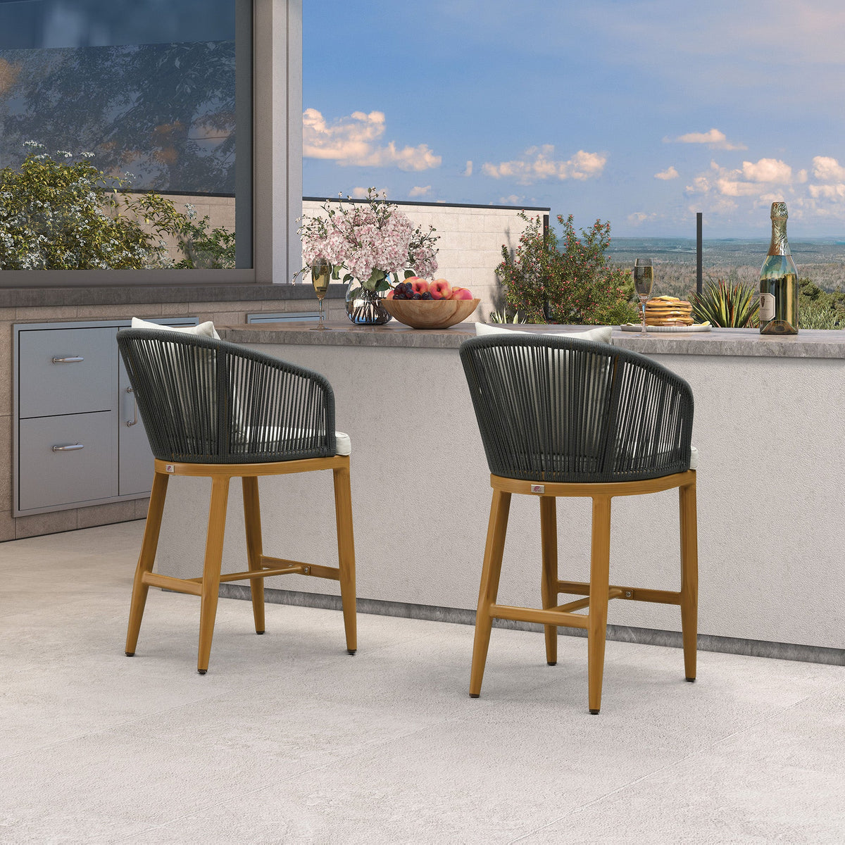 PURPLE LEAF Outdoor Bar Stools Patio Modern Aluminum Rattan High Back & Arms Bar Chairs with Removable Cushions and Pillows  for Outdoor or Indoor