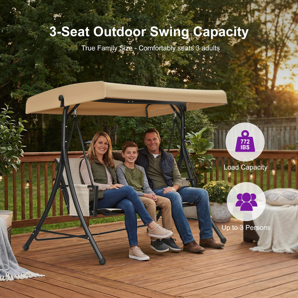 PURPLE LEAF Porch Swing with Adjustable Tilt Canopy Patio Swing with Stand and Meatl Steel Frame All-Weather Outdoor Swing Chair Seat Space-Saving for Backyard Garden Deck
