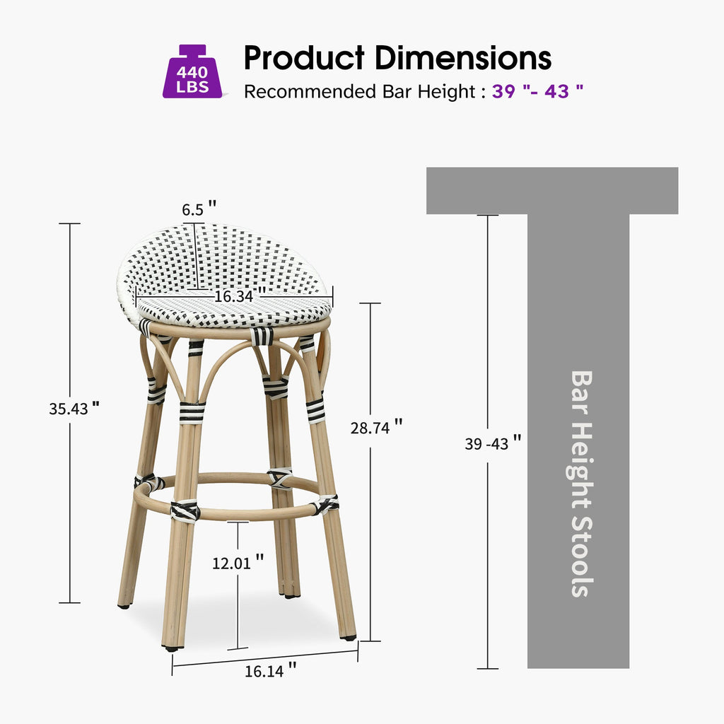 PURPLE LEAF Patio Oversized Backrest Bar Height Stool Set of 2 Outdoor Round Barstools Aluminum Frame Woven Rattan for Indoor Kitchen Dining Bistros Cafe Restaurant