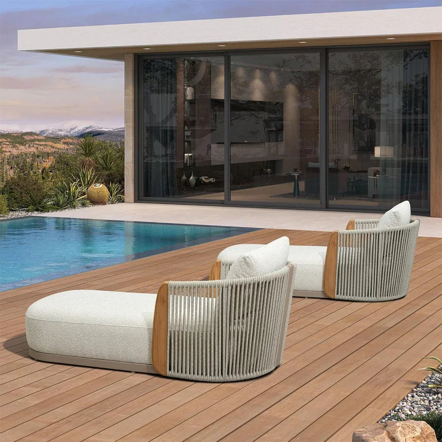 PURPLE LEAF Luxury  Hailar Olefin Patio Chaise Lounge Chair , Upholstered Pool Aluminium Lounge Chairs for Outdoor with Teak Armres for Deck, Pool, Lawn, Garden, Courtyard, Porch