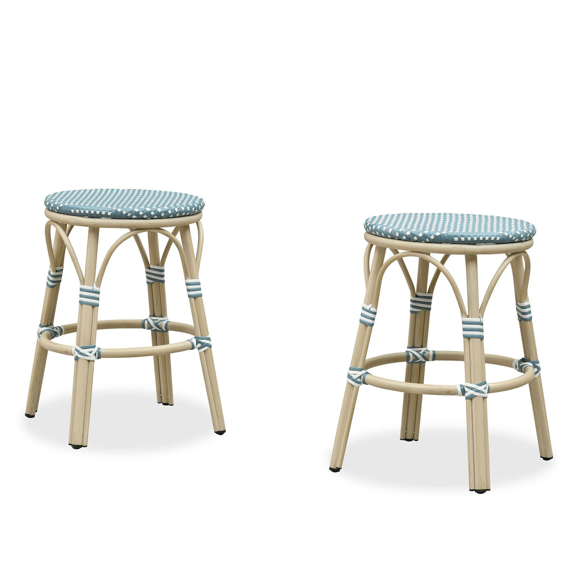 PURPLE LEAF Patio French Round Counter Stool Set of 2 Rattan Backless Stackable Barstools Aluminum Frame Footrest with Woven Wicker for Outdoor Kitchen Yard