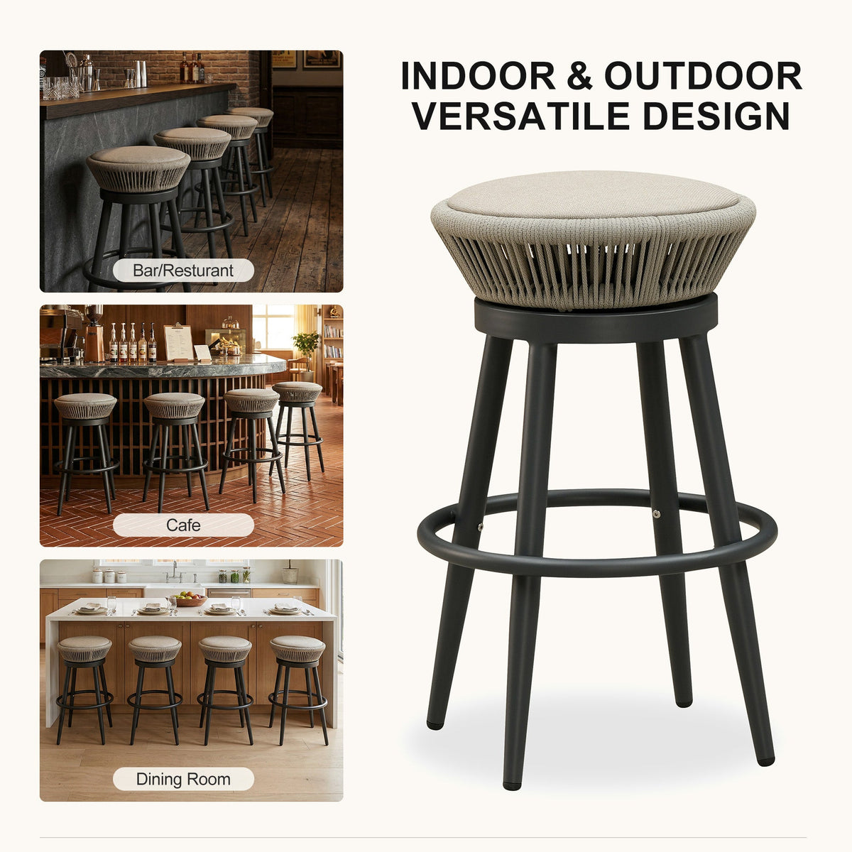PURPLE LEAF Outdoor Swivel Bar Stools Set of 2 Metal Modern Rattan Bar Chairs with Backrest Aluminum Woven Barstools with Cushions